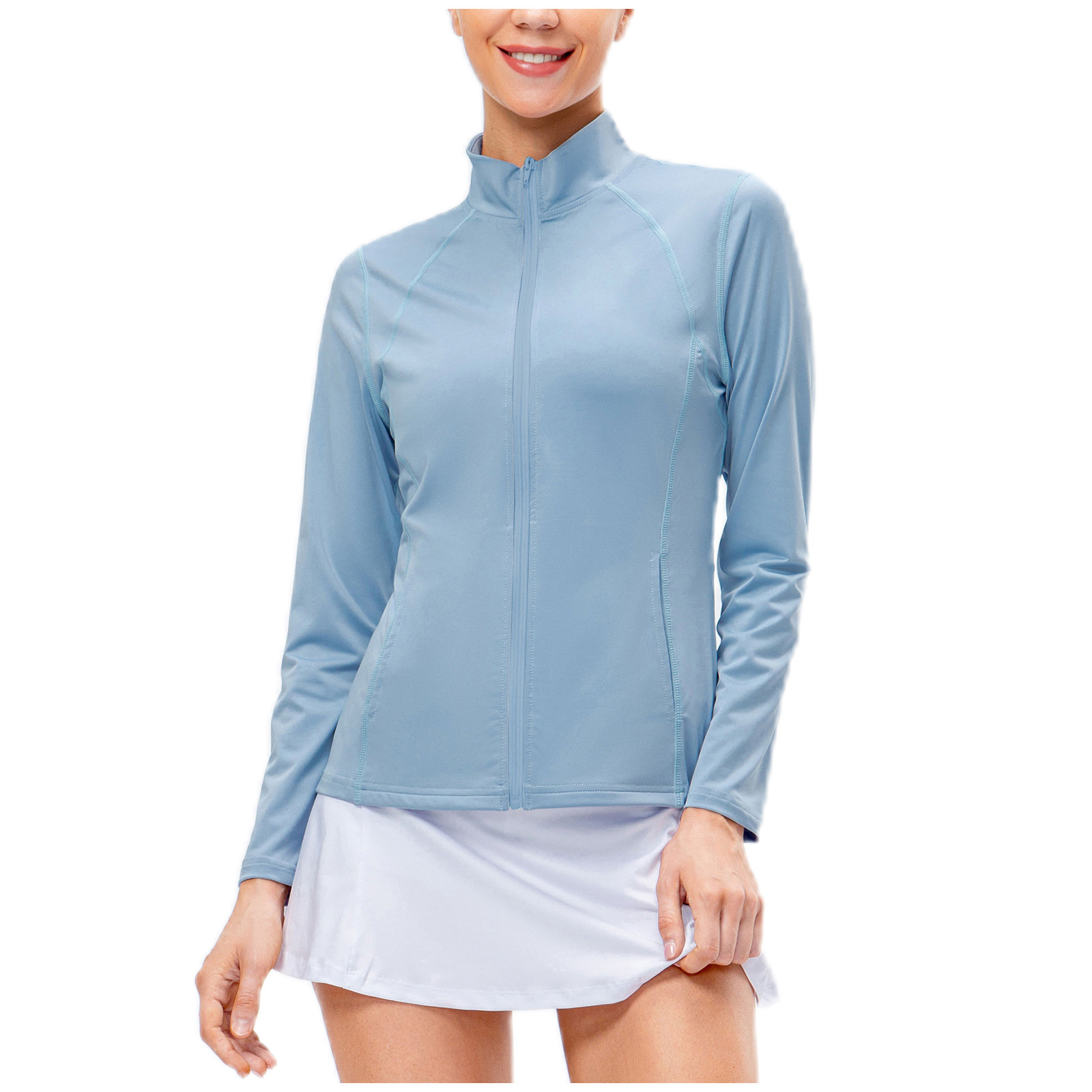 WREESH Womens Fashion Slim Cropped Jacket Lapel Solid Color Full Zip Athletic Running Sports Workout Jacket Long Sleeve Tops Slimming Casual Turndown Fitness Yoga T-Shirt Tops Blouse Light Blue